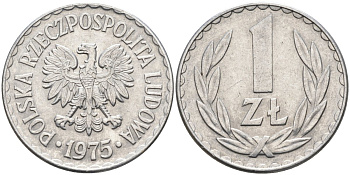 Польша 1 злотый 1975 Народная Республика, монетный двор Кремница KM 49.1, Parchimowicz 213m алюминий 3856-822