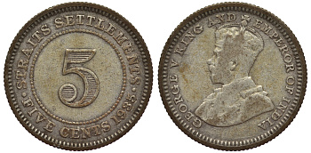 Стрейтс-Сетлментс 5 центов 1935 Георг V (1910-1936) КМ 36 серебро 53-563