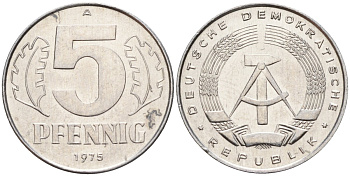 ГДР 5 пфеннигов 1975 A KM 9.1 алюминий 4143-722