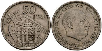 Испания 50 песет 1957 Франсиско Франко (1939 - 1975) KM 788 медно-никель 4168-1012
