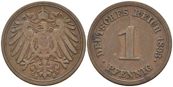 ГЕРМАНИЯ 1 ПФЕННИГ 1893 E KM 10, J. 10, Weege 2 медь 211-158