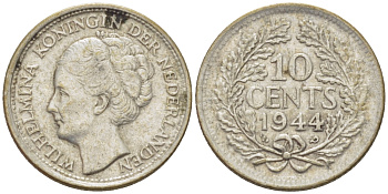 Нидерланды 10 центов 1944 Вильгельмина (1890-1948) KM 163 серебро aUNC 66-1238