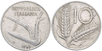 ИТАЛИЯ 10 ЛИР 1952 R, КОЛОСЬЯ, ПЛУГ KM 93 алюминий 4551-152
