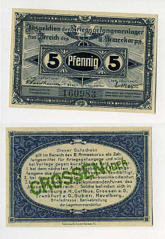 Германия 5 пфеннигов 1917 инспекция лагерей военнопленных в Кроссене, III-ий Армейский корпус C-2846 бумага UNC (пресс) 000-00-00