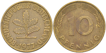 ФРГ 10 пфеннигов 1977 D KM 108, J. 383 сталь плакированная латунью 58-1251