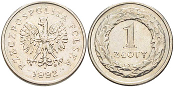 ПОЛЬША 1 ЗЛОТЫЙ 1992 MW KM 282 медно-никель 51-852