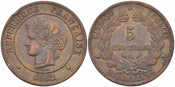 ФРАНЦИЯ 5 САНТИМОВ 1882 А, ТРЕТЬЯ РЕСПУБЛИКА (1871-1940) KM 821.1, LE FRANC 118.24 бронза 108-631