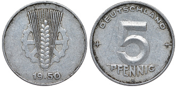 ГДР 5 ПФЕННИГОВ 1950 А алюминий 62-1135