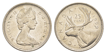 Канада 25 центов 1969 Елизавета II (1952-2022), олень KM 62b никель 4637-814