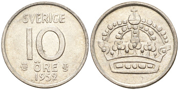 Швеция 10 эре 1952 Густав VI Адольф (1950-1973) KM 823 серебро 4147-862