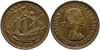 Великобритания 1/2 пенни 1956 Елизавета II (1952-2022) KM 896, Spink 4158 бронза 4390-152