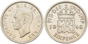 Великобритания 6 пенсов 1946 Георг VI (1936-1952) KM 852, Spink 4084 серебро 4588-617