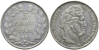 Франция 5 франков 1845 BB, Луи Филипп I (1830-1848) KM 749.3 серебро 00-00
