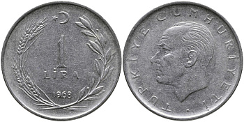 Турция 1 лира 1968 Мустафа Кемаль Ататюрк KM 889а.2 нержавеющая сталь 4538-833