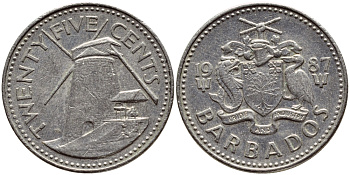 Барбадос 25 центов 1987 ветряная мельница Моргана Льюиса KM 13 медно-никель 4398-423