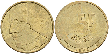 Бельгия 5 франков 1986 Belgie KM 164 алюминиевая бронза 4126-251