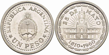 Аргентина 1 песо 1960 150 лет свержения Испанского вице-короля (1810-1960) KM 58 сталь плакированная никелем 108-1213