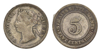 Стрейтс-Сетлментс (Стрейтс Сетлментс) 5 центов 1896 Виктория (1837-1901) KM 10 серебро 4655-652