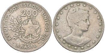 Бразилия 200 реалов 1901 MCMI, голова свободы вправо KM 504 медно-никель 4612-327