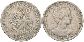 Бразилия 200 реалов 1901 MCMI, голова свободы вправо KM 504 медно-никель 4612-334