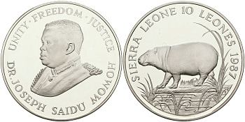 Сьерра-Леоне 10 леоне 1987 защита дикой природы, карликовый гиппопотам, доктор Джозеф Сайду Момох KM 41 серебро PROOF 1068-1-32