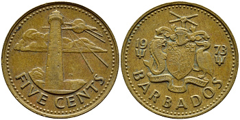 Барбадос 5 центов 1973 маяк Саут-Пойнт KM 11 латунь 4398-512
