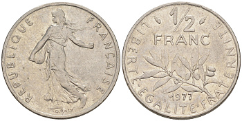 Франция 1/2 франка 1977 сеятель KM 931.1, LE FRANC 198.16 никель 55-846