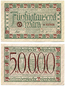 ШТУТГАРТ 50000 МАРОК 1923 10 ИЮНЯ 1923, НОТГЕЛЬД, WURTEMBERGISCHE NOTENBANC, СЕРИЯ H037826, ЗЕМЛЯ БАДЕН-ВЮРТЕМБЕРГ Keller 4930a бумага 00-00