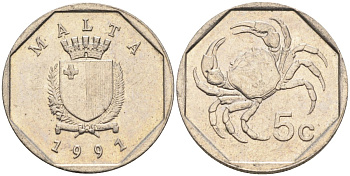 Мальта 5 центов 1991 краб KM 95 медно-никель 4387-1059