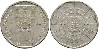 ПОРТУГАЛИЯ 20 ЭСКУДО 1988 KM 634 медно-никель 1524-825