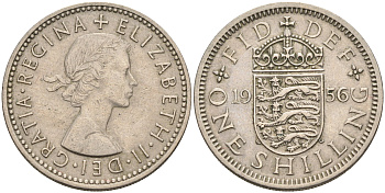 Великобритания 1 шиллинг 1956 Елизавета II (1952-2022), Английский герб KM 904, Spink 4147 медно-никель    4595-843