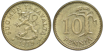 ФИНЛЯНДИЯ 10 ПЕННИ 1979 K KM 46 алюминиевая бронза 3334-1136