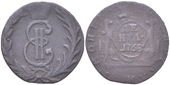 Россия, Сибирские монеты денга 1768 КМ, Екатерина II (1762-1796) Биткин 1173 медь 4614-1036