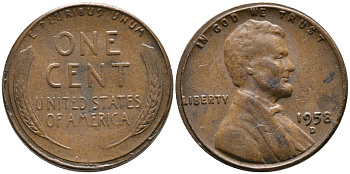 США 1 ЦЕНТ 1958 D, ЛИНКОЛЬН KM А132 медь цинк 4549-755