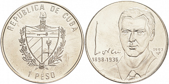 Куба 1 песо 1993 95 лет со дня рождения Федерико Гарсия Лорка KM 100 никелированная сталь UNC 00-00