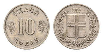 Исландия 10 эйре 1957 KM 10 медно-никель aUNC 4649-763