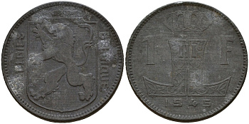 Бельгия 1 франк 1945 Belgie - Belgique, Леопольд III (1934-1947), германская оккупация, Вторая мировая война KM 128 цинк 4161-557