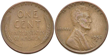 США 1 ЦЕНТ 1952 S, ЛИНКОЛЬН KM А132 медь цинк 218-568