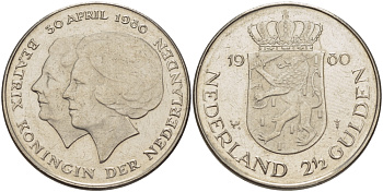 Нидерланды 2 1/2 гульдена 1980 коронация Беатрикс, 30 апреля 1980 KM 201 никель 38-113