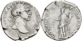 Римская Империя денарий 103 - 111 Траян COS V PP SPQR OPTIMO PRINC Эквитата, персонификация Равенства Рим Very fine RIC 118 (aureus) серебро 1073-4-1-5