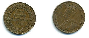 Канада 1 цент 1918 Георг V (1910-1936), большой формат KM 21 бронза 540-714