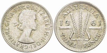 Австралия 3 пенса 1961 m, Елизавета II (1952-2022) KM 57 серебро 105-717