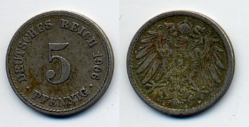 ГЕРМАНИЯ 5 ПФЕННИГОВ 1906 E, KM 11, J. 12 медно-никель 76-214