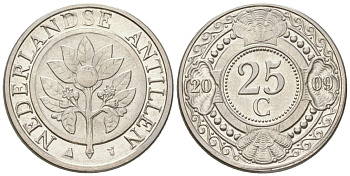 Нидерландские Антилы 25 центов 2009 Беатрикс (1980-2013) KM 35 сталь плакированная никелем aUNC 4611-843