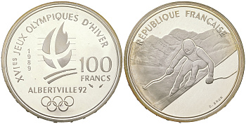 Франция 100 франков 1989 XVI Зимние Олимпийские игры 1992 в Альбервиле, горные лыжи, гигантский слалом KM 971 серебро  PROOF  11-082-35
