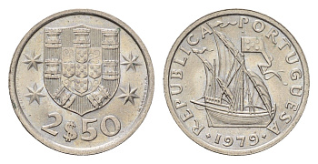 Португалия 2,5 эскудо 1979 парусник KM 590 медно-никель UNC 4708-355