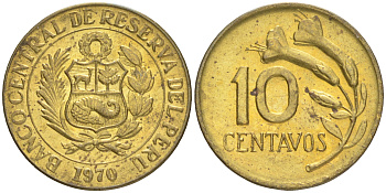 ПЕРУ 10 СЕНТАВО 1970 ЦВЕТОК KM 245.2 латунь 4516-624