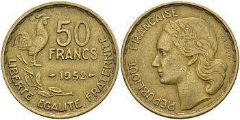 Франция 50 франков 1952 Петух KM 918.1, Le Franc 425.5 алюминиевая бронза 4144-433