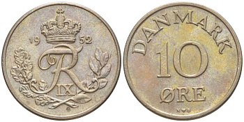 ДАНИЯ 10 ЭРЕ 1952 N;S, ФРЕДЕРИК IX (1947-1972) KM 841,1 медно-никель 201-1213