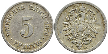 ГЕРМАНИЯ 5 ПФЕННИГОВ 1876 G, СТАРОГЕРБОВКА KM 3, J.3 медно-никель 4396-258